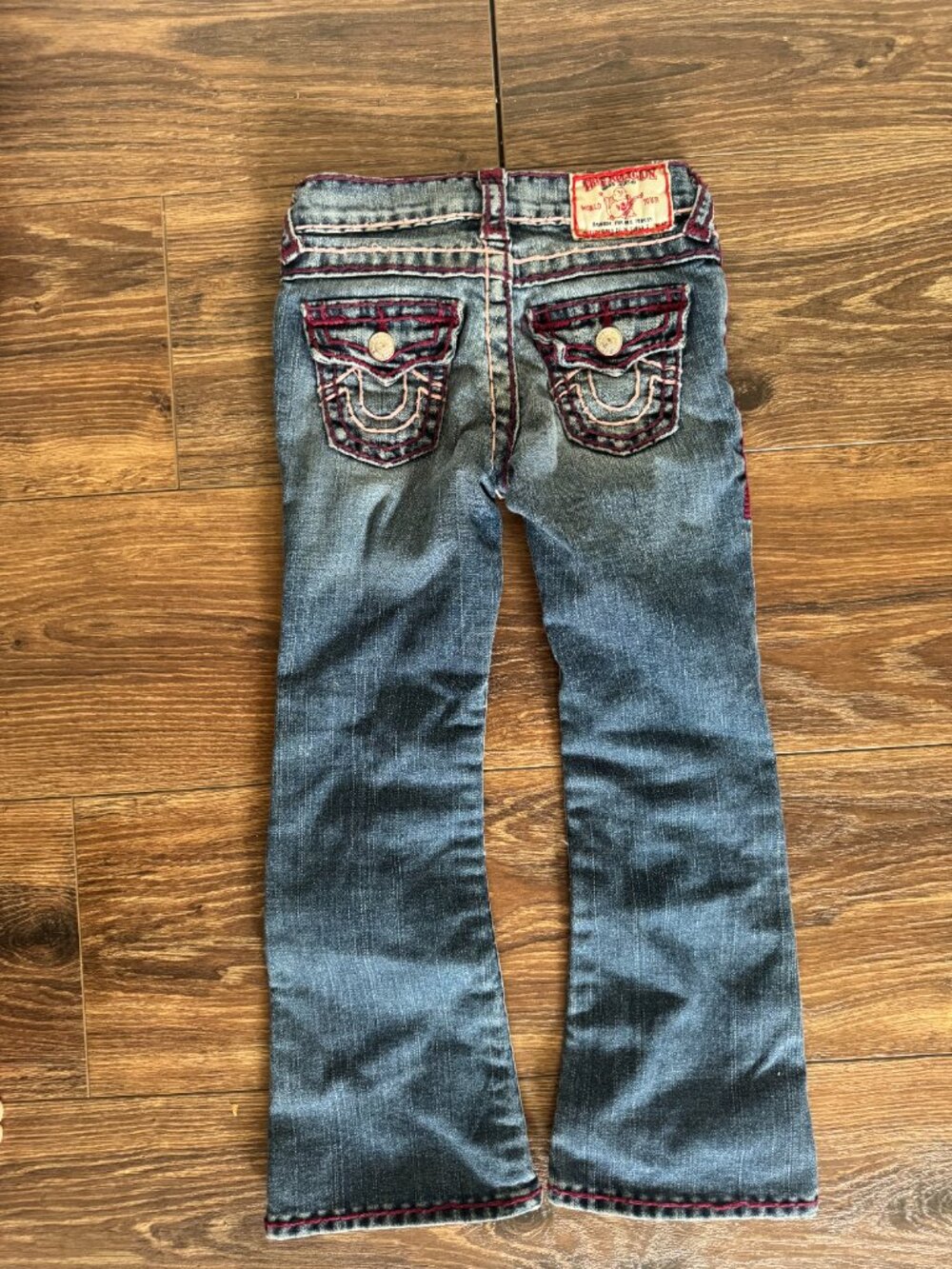 Girls Size 5 Vintage Y2K True Religion Flare Jeans With Pink Burgundy Embroidery